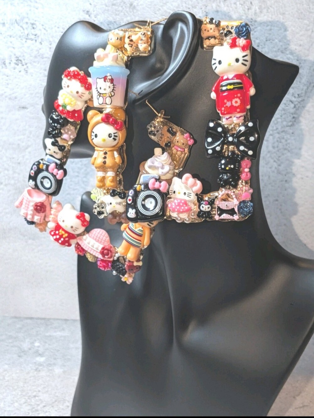 Hand Crafted  Kitty Multicolor Charm Xl Hoop Earrings - Pink Red Black Accents
